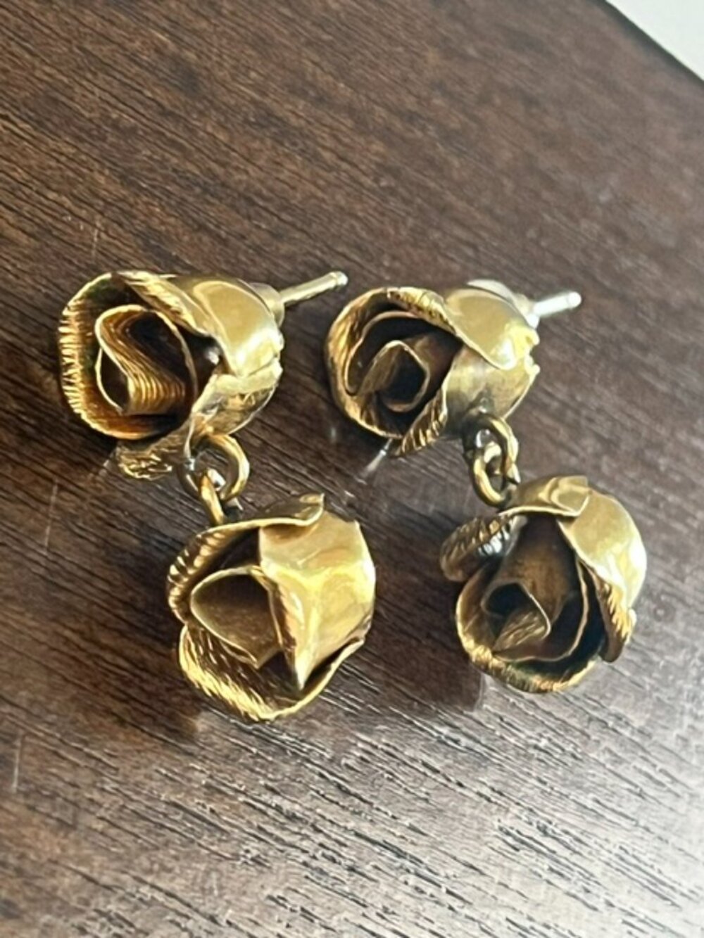 Vintage Rose Bud Dangle Earrings Gold Tone